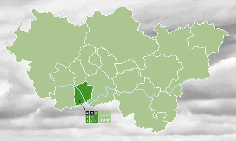 Umriss der geografischen Ansicht des Ruhrgebiets mit seinen Städten und Kreisen, und Hervorhebung der Stadt Mülheim an der Ruhr als Heimat der 34digital GmbH.
